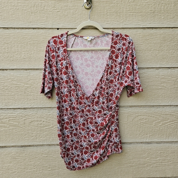 Boden red floral jersey knit surplice blouse SEE MEASUREMENTS - Picture 1 of 5